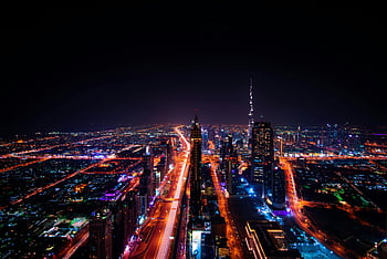 Dubaj pejzaż miejski, Burj Khalifa, noc, wysokie budynki, widok z lotu ptaka, Podświetlone drapacze, miejskie światła, miejska linia horyzontu, architektura nowoczesna, centrum Dubaju, fotografia nocna