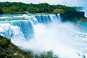 Niagara vízesés, lépcsőzetes vizek, légi felvétel, vízesések, buja növényzet, lélegzetelállító, természeti csoda, festői táj, turisztikai attrakció, Észak Amerika, úti cél