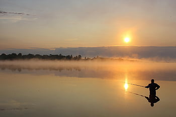 řeka, rybář, svítání, slunce, mlha, rybolov, nebe, Příroda, krajina