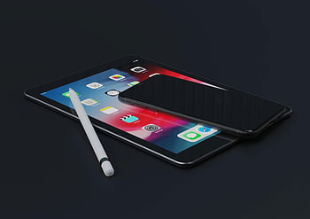 ipad, iPhone, rysik, ciemna powierzchnia, nowoczesna technologia, wysoki kąt widzenia, urządzenia cyfrowe, tablet, smartfon, narzędzie do pisania, ekran dotykowy