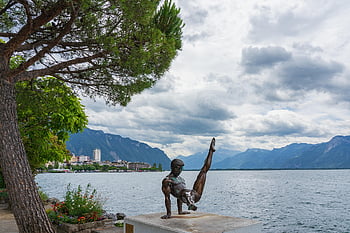 montreux, jezero Ženeva, socha, Příroda, gymnasta, mraky, město, krajina, nebe, švýcarsko