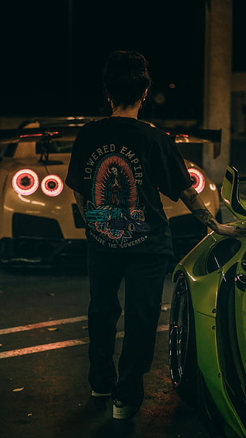 woman, supercars, night, t-shirt, tattoos, standing, cars, lowered empire, praise the lowered, neon lights