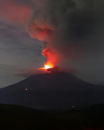 volcano eruption, fiery lava, thick smoke, nighttime eruption, volcanic activity, natural disaster, lava flow, smoke plume, night sky, volcanic landscape, eruption scene