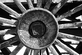 grayscale photography, carriage wheel, vintage wooden wagon, intricate spokes, black and white photo, detailed texture, antique wheel, rustic design, historical transportation, wagon wheel close-up, vintage carriage