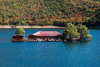 jezero, chalupa, venkov, Dům, plovoucí dům, plovoucí chata, voda, scenérie, Příroda, stromy, listy