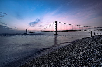 most akashi-kaikyo, moře, Příroda, silueta, seto vnitrozemské moře, pobřeží, visutý most, rybář, před východem slunce, Japonsko