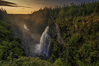 waterfall, sweden, water, nature, landscape, flow, forest, bach, fjäll, trees, rapids