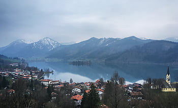 hora, vesnice, krajina, jezero, hory, voda, Příroda, venku, stromy, životní prostředí, nebe