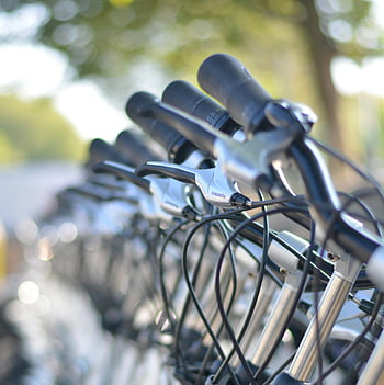 bicycle handlebars, gray bicycles, black bicycles, daytime, close-up, cycle stand, transportation, row of bicycles, outdoor scene, bike rack, urban mobility