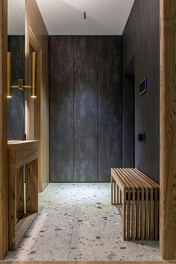 interior modern, lemn și pereți întunecați, hol elegant, Accente din lemn, design minimalist, decor contemporan, panouri de perete întunecate, Banca de lemn, pardoseală din terrazzo, iluminatul modern, design interior
