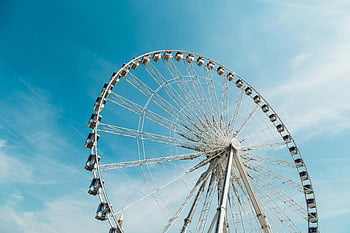 London Eye, England, Ferris wheel, low-angle photograph, bright blue sky, leisure, fun, observation wheel, London attraction, tourist destination, sky view