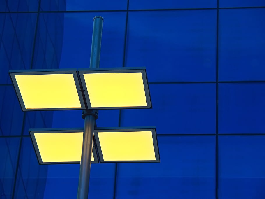 abstract, architecture, city, building, street, light, yellow, blue, glass, wall, background