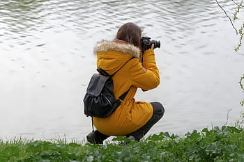 lakeshore, woman, photographer, photographing, lake, casual, backpack, grass, nature