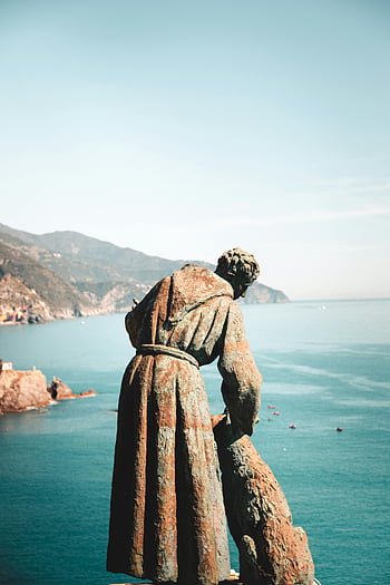 saint francis assisi, statue, hund, Monterosso Al Mar, Ligurien, Italien, bronze skulptur, kystlinje, fantastisk udsigt, petting, bronze