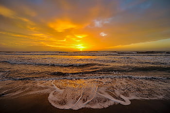 solnedgang, strand, hav, bølger, kyst, sand, skyer, himmel, skumring, horisont, ocean