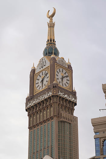makkah királyi óratorony, Mekkája, Szaud-Arábia, posztmodern építészet, függőleges nézet, óratorony, Mecca architektúra, Szaúd -Arábia tereptárgyak, iszlám építészet, modern iszlám dizájn, magas épület