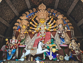 แท่นบูชาสีสันสดใส, เทพธิดาฮินดู Durga, เทศกาล Durga Puja, โกลกาตา, สิ่งแวดล้อม, ภาพสีสันสดใส, รูปปั้นทุรคา, เทศกาลศาสนา, วัฒนธรรมอินเดีย, ศิลปะแบบดั้งเดิม, การสักการะเจ้าแม่