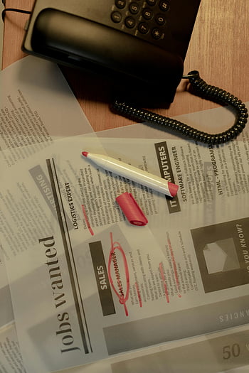 job opening, newspaper, red marker, telephone, job search, close-up, job hunting, job wanted, sales manager, logistics expert, software engineer