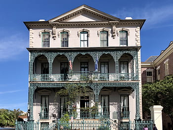 Guvernér John Rutledge House, široká ulice, charleston, Jižní Karolína, gruzínský styl, Italský styl, národní kulturní památka, Litinová veranda, historické architektury, renovace, Poškození občanské války