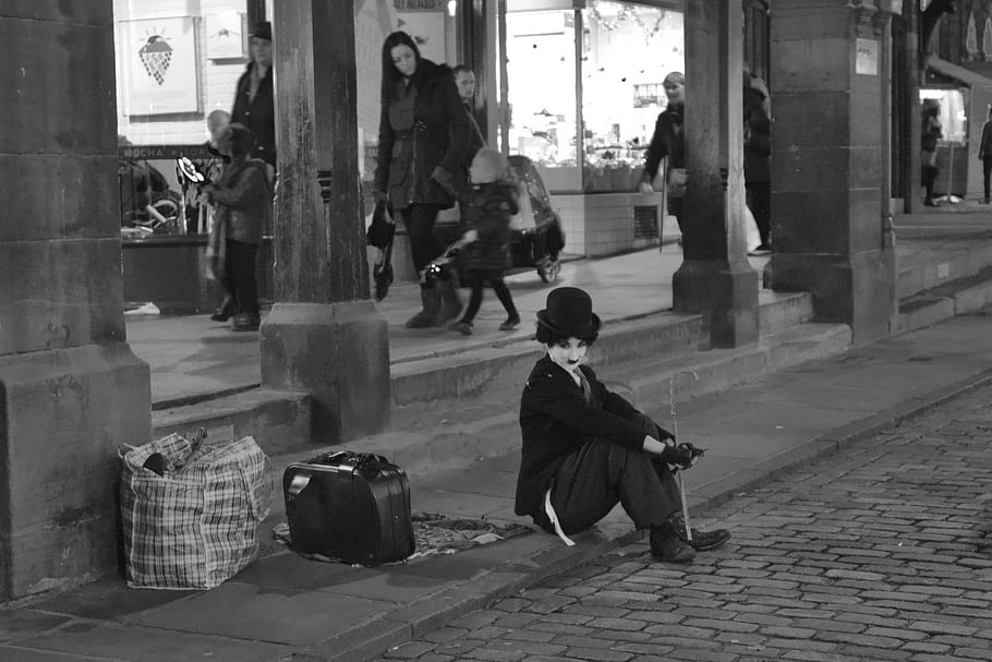 Charlie Chaplin, street artist, black and white, Chester City, mime, street candid, cityscape, steps, outdoor, winter, 2022