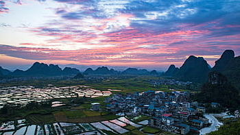 sunrise, glow, clouds, fields, village, houses, water, mountains, countryside, guilin, china