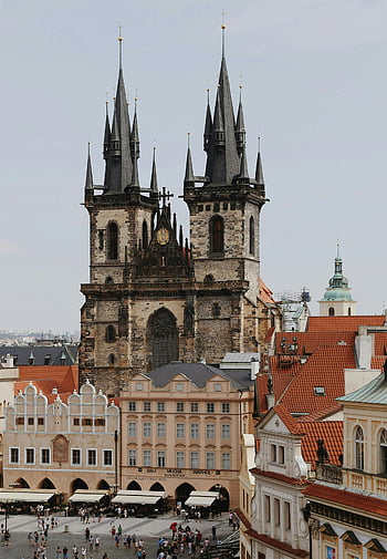kostel naší paní před týnem, Praha, staré náměstí, letecký pohled, historický kostel, Česko, gotická architektura, dvojčata, Evropské památky, Pražské památky, Česká republika