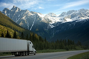white dump truck, pine trees, daytime, mountain landscape, road, outdoor scene, nature, transportation, vehicle, forest, snow-capped mountains