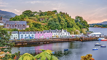 domy, přístav, isle of skye, portree, Skotsko, město, Příroda