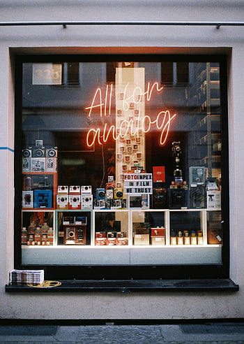 Berlin, shop window, vintage cameras, neon sign, All for analog, analog photography, camera store, film photography, store display, city street, urban scene