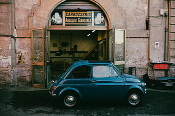 Fiat Cinquecento, classic car, Italian garage, vintage urban scene, Car Service, old Fiat, classic Fiat, vintage car, Italian car, garage scene, retro car