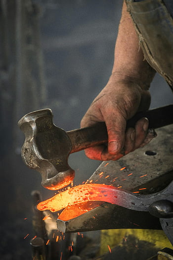 blacksmith, forging, metal, hammering, hot iron, workshop, close-up, sparks, craft, traditional, tool