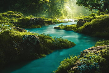 ai Generated, fantasy, river, nature, landscape, forest, paradise