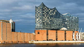 architektura, město, přístav, jeřáb, mezník, voda, tok, Německo, koncertní sál, filharmonický orchestr, koncert