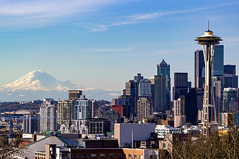 seattle, rumnål, skyline, skyskrabere, washington, milepæl, bybilledet, downtown, bjerg, Mount Rainier, Rainier