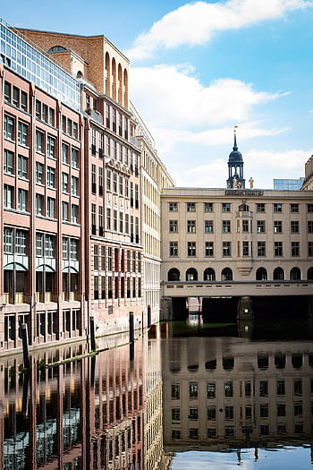budova, fasáda, kanál, řeka, městský, odraz, město, architektura, speicherstadt, Labe, cestovat