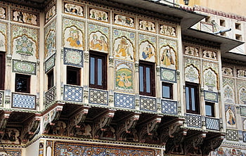 india, shekhawati, haveli, building, house, facade, crows, decoration, architecture, engravings, paintings