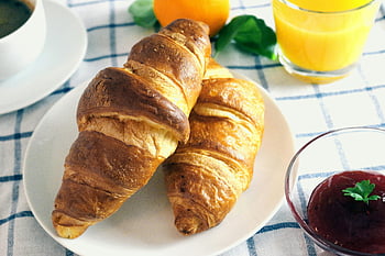 rohlík, deska, pomerančový džus, džem, snídaně, Chutný, sloužil, perfektní, jídlo, ráno