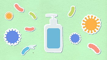dezinfekční prostředek na ruce, výřez papíru, složení, viry, mikroby, Stylizované bakterie, Kreativní ilustrace, láhev, obklopen, Umělecký design, Hygiena zdraví