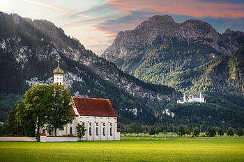 Εκκλησία, βουνά, κάστρο, neuschwanstein, Βαυαρία, Γερμανία, Κτίριο, φύση, Ανατολή ηλίου