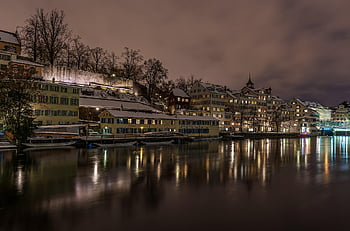zurich, winter, limmat, city, houses, water, night, snow, reflection, historic Center, lights