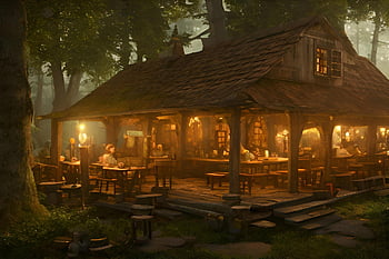 tavern, forest, nature, landscape, building, architecture, fantasy, mystic, woods