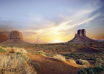 Monument Valley, iconic rock formations, sunset, vivid desert landscape, breathtaking view, desert scenery, natural wonder, Arizona, Utah, Native American land, buttes