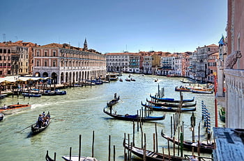 Venice, Grand Canal, gondolas, rowing, tall buildings, waterway, tourists, historic architecture, Italian city, canal scene, gondoliers
