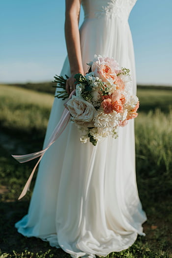 bride, white wedding dress, flower bouquet, green field, sunny field, colorful bouquet, flowing gown, outdoor wedding, wedding photo, bridal bouquet, nature wedding