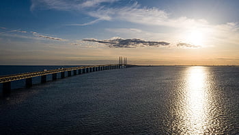 silnice, přechod, oceán, moře, západ slunce, svítání, horizont, most öresund, malmö, öresunds, himmel