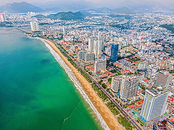 city, coast, sea, panorama, beach, ocean, water, skyscrapers, buildings, downtown, urban