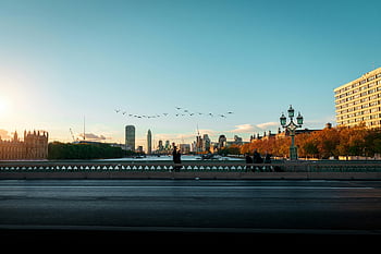 bird flying, Westminster Bridge, London skyline, autumn hues, serene evening, city skyline, urban landscape, river view, bridge scene, evening cityscape, vibrant city