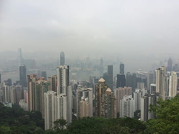 Hong Kong, Victoria Peak, high-rise buildings, skyscrapers, urban landscape, foggy skyline, Hong Kong Island, cityscape, modern architecture, dense city, urban density