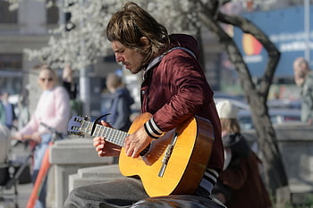 man, young, busker, casual, beard, playing, guitar, acoustic, musical, public, street