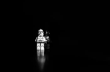 black and white, dark, darkness, spotlight, LEGO, stormtrooper, figure, contrast, minimalism, silhouette, reflection